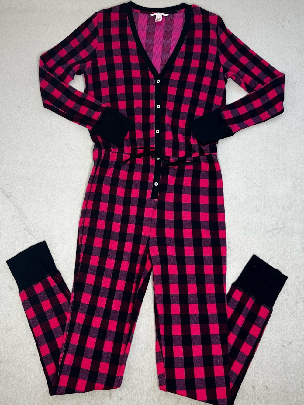 Victoria’s Secret One-Piece Thermal Pink and Black Plaid Jumpsuit Pajama